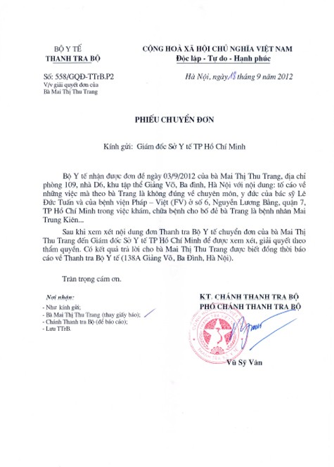 Thanh tra Bộ Y tế lại yêu cầu Sở Y tế Tp.HCM xem xét, giải quyết đơn thư tố cáo của gia đình bệnh nhân Mai Trung Kiên.